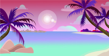 Fototapeta na wymiar Background of landscape, panorama of sea and beach, sunset. Summer time vector illustration