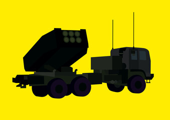 illustration of artillery armored vehicle on bright yellow background, support ukraine concept.