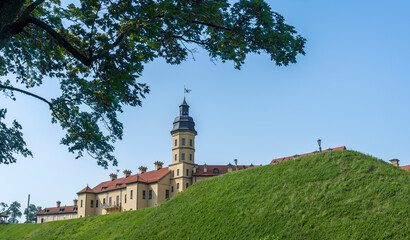 Public place of Nesvizh Castle, Belarus. Medieval castle and palace. Restored medieval fortress. Heritage concepts.