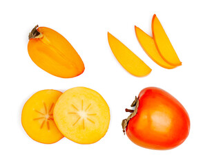 Persimmon fruit and slices isolated on a white background, top view