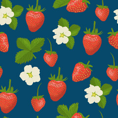 Strawberry with leaf and flower seamless pattern. Berry vector print for wrapping paper, textile, fabric, material, wallpaper
