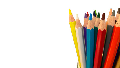 Close-up of colored pencils for drawing. The pencils are on a white background. The pencils are well sharpened, for quality drawing. An excellent choice for an artist