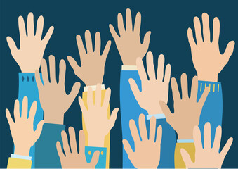 illustration of cartoon hands of people on grey, stand with ukraine concept.