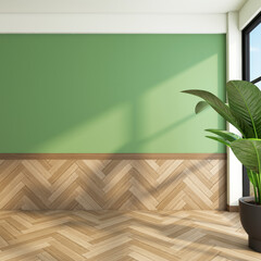 Mid century modern empty room with green wall and wood floor. 3d rendering 