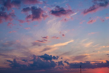 Colorful high contrast clouds during evening sunset with copy space
