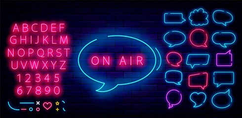 On air neon sign in speech bubble. Audio podcast concept. Label for radio, talk show. Vector stock illustration