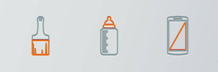 Set line Smartphone, mobile phone, Paint brush and Baby bottle icon. Vector