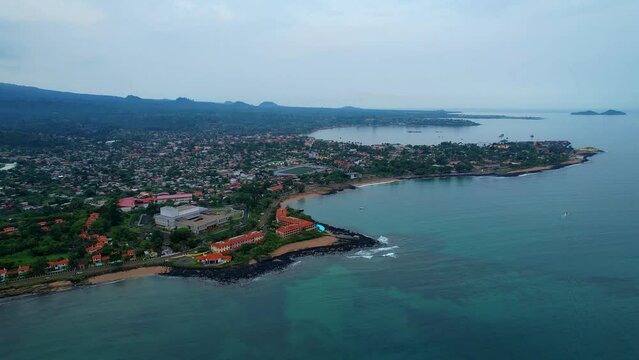 Amazing view on a cloudy day over the city of Sao Tome, where we can also se the Ana Chaves bay,Sao Tome,Africa