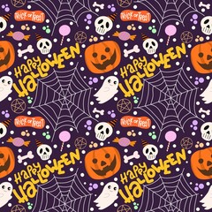 Halloween seamless pattern - creepy pumpkin lanterns with scary faces, traditional holiday halloween symbols ,seamless texture