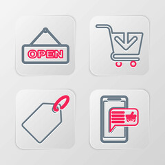 Set line Mobile and shopping basket, Label template price tag, Add to Shopping cart and Hanging sign with Open door icon. Vector