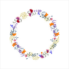 Cute Floral Watercolour Wild Flowers Wreath. Set with Greenery, Green Leaves, Herbs and Branches, Flower, Foliage, Rustic. Botanical clip art isolated on white background. Vector illustration