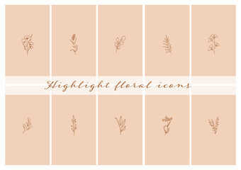 Social Media Cover Highlight Icon. Flower and Plant Logo 
Element. Hand drawn Floral Icon. Natural Social Media Story. Simple doodle. Minimalist Flower Line art Herb. Vector Illustration. 