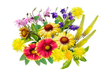 Floral bouquet with different flowers isolated on white background.