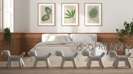 Wooden table top or shelf with line of stylized dogs, dog friendly concept, love for animals, animal dog proof home, bedroom with double bed and wall panel, cool interior design