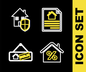 Set line House contract, with percant, Hanging sign Sold and under protection icon. Vector