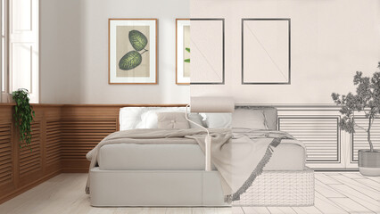 Paint roller painting interior design blueprint sketch background while the space becomes real showing modern bedroom. Before and after concept, architect designer creative work flow