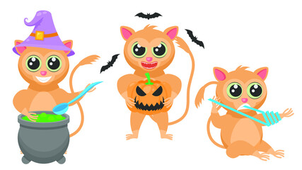 Set Abstract Collection Flat Cartoon Different Animal Tarsiers With A Pumpkin And Bats Around, Brewing A Potion In A Vat, Bandages His Hand First Aid Help Vector Elements Fauna Wildlife
