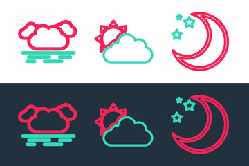 Set line Moon and stars, Cloud and Sun cloud weather icon. Vector