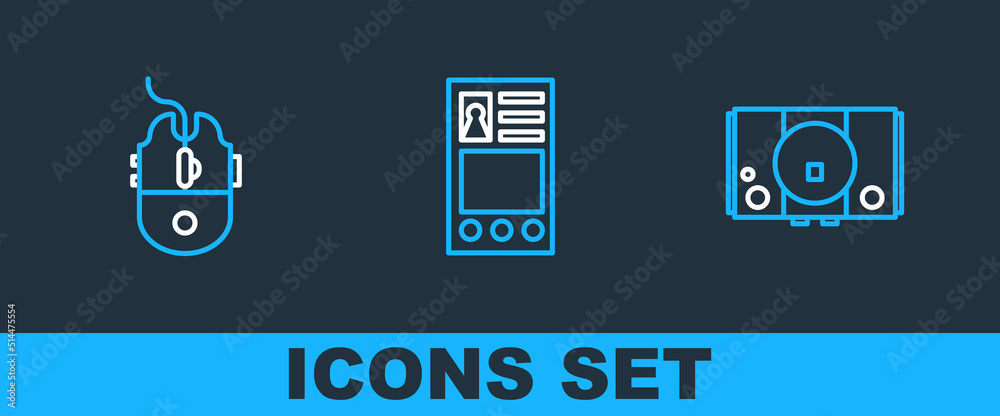 Poster set line video game console, computer mouse gaming and create account screen icon. vector