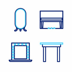 Set line Wooden table, Makeup mirror with lights, Grand piano and Big full length icon. Vector