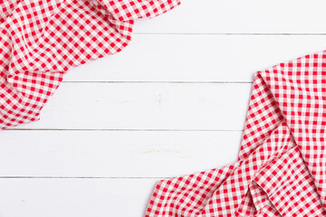 Red and white checkered fabric pattern background. Top view, Flat lay cotton checkered.