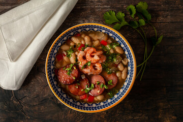 White beans with smoked sausage, shrimp and cilantro