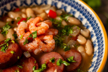 White beans with smoked sausage, shrimp and cilantro