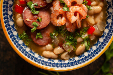 White beans with smoked sausage, shrimp and cilantro
