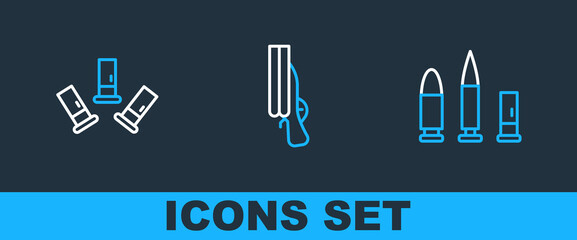 Set line Bullet and cartridge, Cartridges and Shotgun icon. Vector