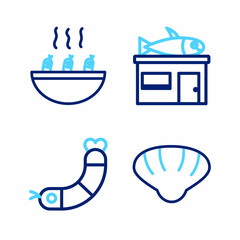 Set line Scallop sea shell, Shrimp, Seafood store and Soup with shrimps icon. Vector