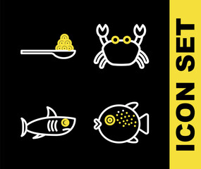 Set line Crab, Puffer fish, Shark and Caviar on spoon icon. Vector