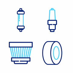 Set line Car tire, air filter, spark plug and Shock absorber icon. Vector