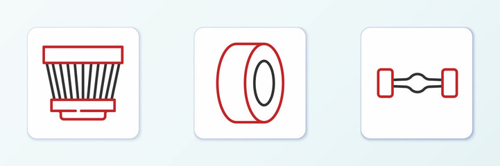 Set line Chassis car, Car air filter and tire icon. Vector