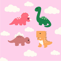 Clipart set of cute colored dinosaurs. Tirex, Diplodocus, Triceratops,. Vector illustration in cartoon style.