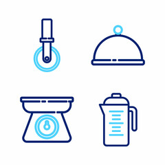Set line Teapot, Scales, Covered with tray and Pizza knife icon. Vector