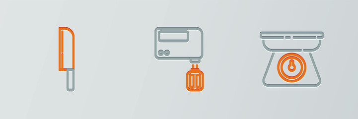 Set line Scales, Knife and Electric mixer icon. Vector