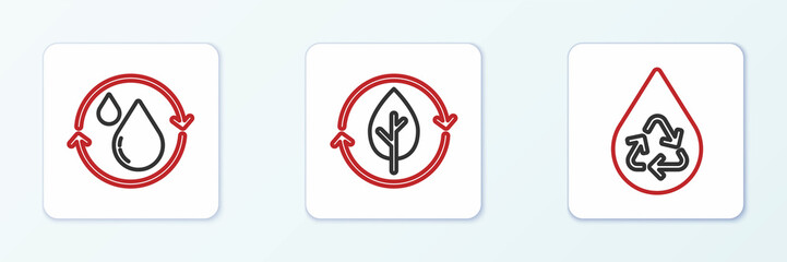 Set line Recycle clean aqua, and and leaf icon. Vector