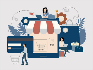 Online shopping design illustration. People buy things in online shop. Mobile payment, special offer illustration