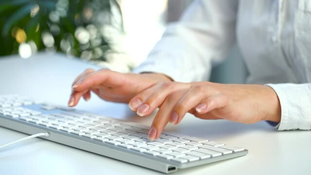 Female hands busy working on computer keyboard for sending emails and surf on a web browser