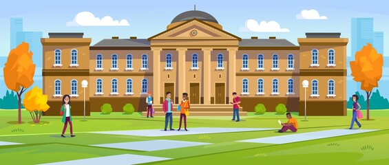 A diverse group of students before a university campus building, college or library. Young people walk with books in a garden and talk before studying. Cartoon style vector illustration.