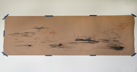 Abstract art. Closeup view of a modern expressive painting in the white wall. 