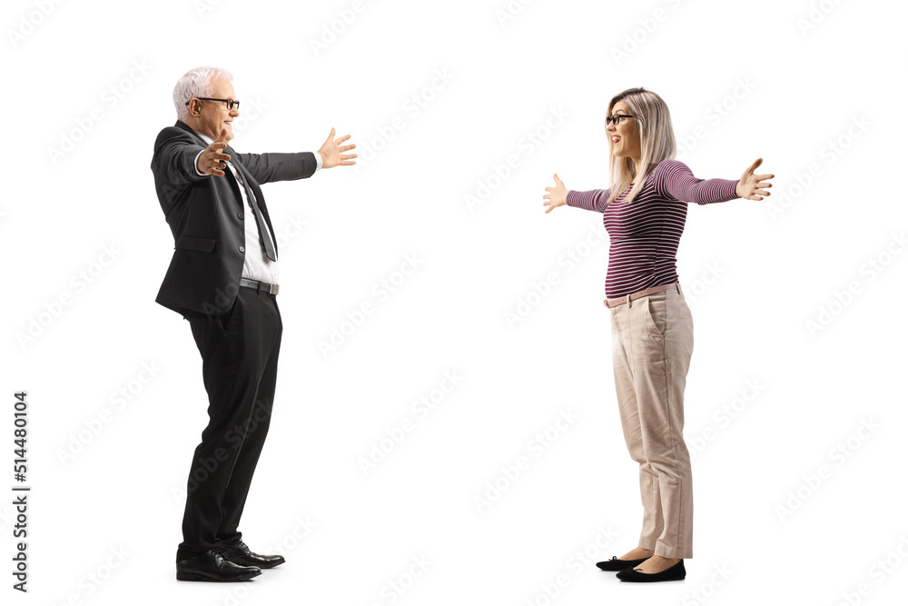 Wall mural Businessman waiting a woman with arms wide open