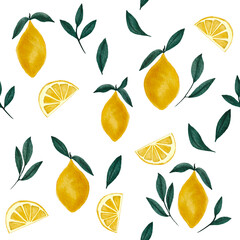 Watercolour Small Tropical Lemon Fruit design Seamless Pattern on white background. Hand Drawning repeat Citrus Fruit , full and cut, green branch leaves. Vector Illustration