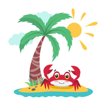 Cute cartoon crab on the small island with palm tree. Vector element for summer design. Concept for seasonal banner, greeting card. Isolated on white background. Flat illustration
