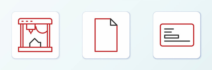 Set line Business card, 3D printer and Empty document icon. Vector