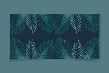 Seamless tropical pattern banner with green Mons tera palm leaves on dark background. Exotic Hawaiian fabric design.