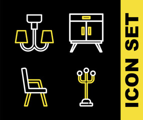 Set line Chest of drawers, Coat stand, Armchair and Chandelier icon. Vector