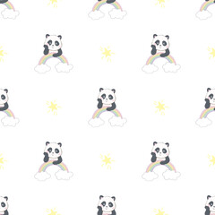 Obraz premium Panda Seamless Pattern Background, Happy cute panda flying in the sky between clouds and star