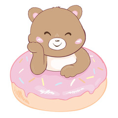 Cute Cartoon Teddy Bear with donut on a white background