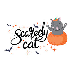 Happy Halloween greeting card with cute black cat and spooky pumpkin wear witch hat.